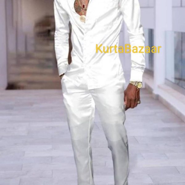 African Mens Outfit, Men’s Clothing, Fashion Casual, Solid Color White Outfits, Mens Shirt Pants Matching Colour