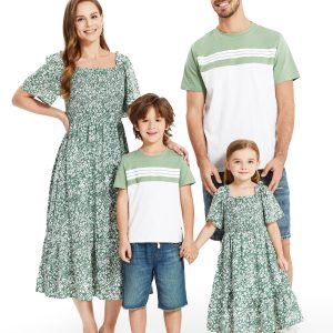 Family Matching Outfits Boho Floral Print Square Neck Puff Sleeve Smocked Dress and Short Sleeve T-Shirts Matching Set Family Matching Outfits Boho Floral Print Square Neck Puff Sleeve Smocked Dress and Short Sleeve T-Shirts Matching Set