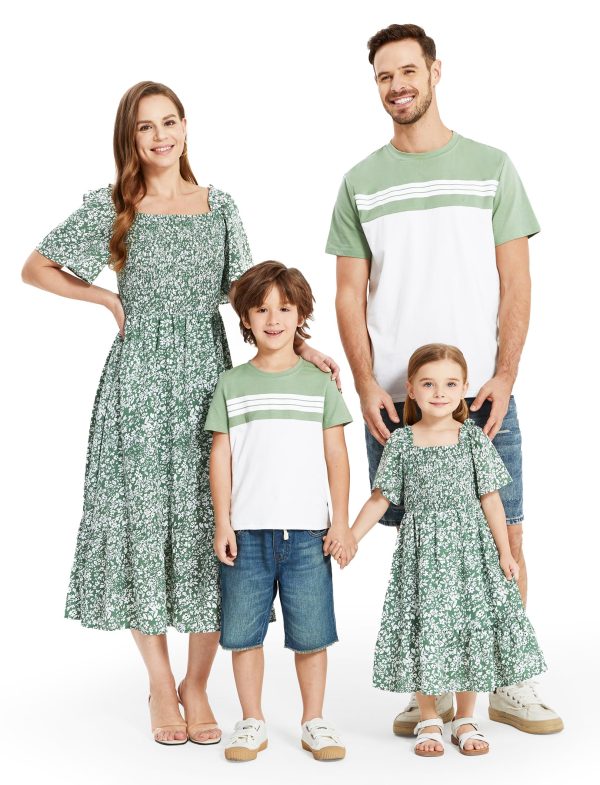 Family Matching Outfits Boho Floral Print Square Neck Puff Sleeve Smocked Dress and Short Sleeve T-Shirts Matching Set