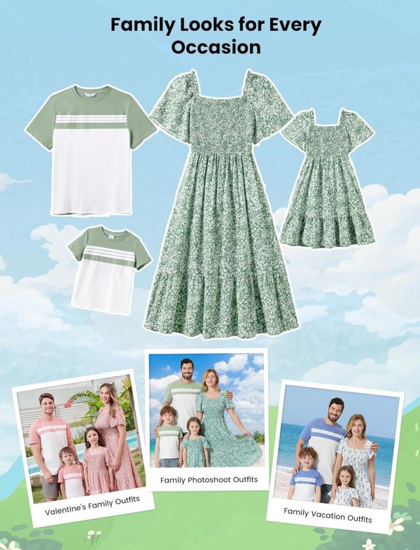 Family Matching Outfits Boho Floral Print Square Neck Puff Sleeve Smocked Dress and Short Sleeve T-Shirts Matching Set