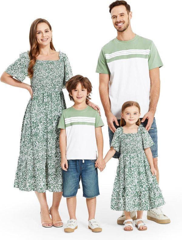 Family Matching Outfits Boho Floral Print Square Neck Puff Sleeve Smocked Dress and Short Sleeve T-Shirts Matching Set