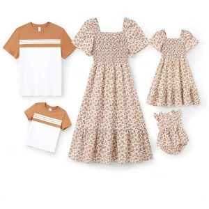 Family Matching Outfits Boho Floral Print Square Neck Puff Sleeve Smocked Dress and Short Sleeve T-Shirts Matching Set