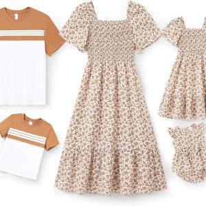 Family Matching Outfits Boho Floral Print Square Neck Puff Sleeve Smocked Dress and Short Sleeve T-Shirts Matching Set