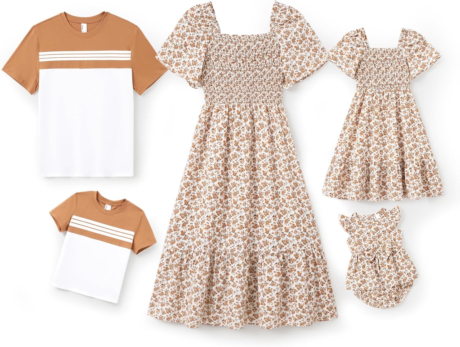 Family Matching Outfits Boho Floral Print Square Neck Puff Sleeve Smocked Dress and Short Sleeve T-Shirts Matching Set Family Matching Outfits Boho Floral Print Square Neck Puff Sleeve Smocked Dress and Short Sleeve T-Shirts Matching Set