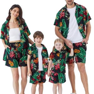 Family Matching Outfits Hawaiian Dad and Me Beach Tropical Plant Allover Flower Print Shirt and Shorts Set