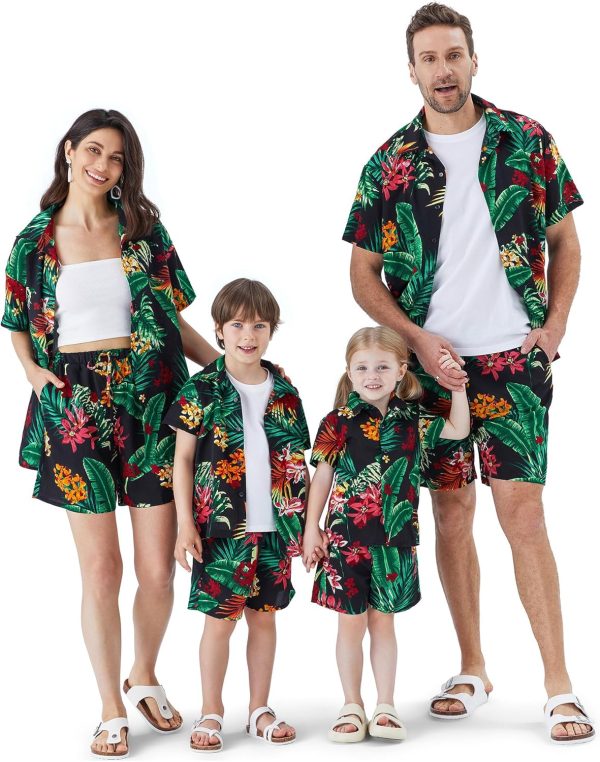 Family Matching Outfits Hawaiian Dad and Me Beach Tropical Plant Allover Flower Print Shirt and Shorts Set