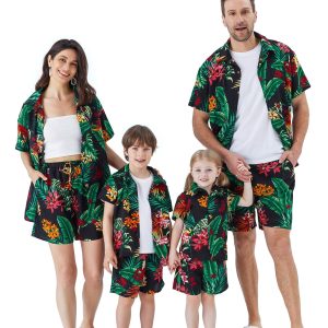 Family Matching Outfits Hawaiian Dad and Me Beach Tropical Plant Allover Flower Print Shirt and Shorts Set