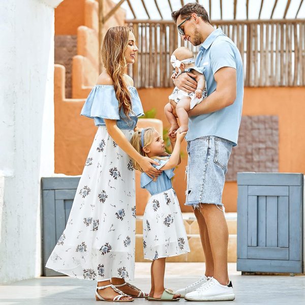 Family Matching Outfits Mommy and Me Dresses Floral Printed Men Boy Shirt Girl Romper