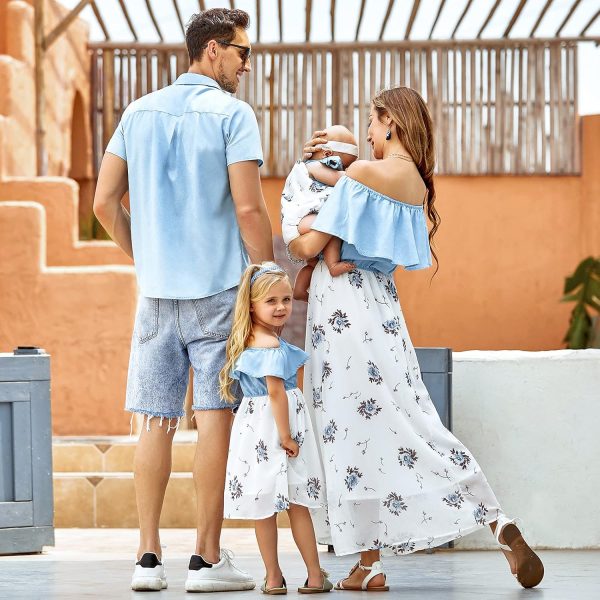 Family Matching Outfits Mommy and Me Dresses Floral Printed Men Boy Shirt Girl Romper