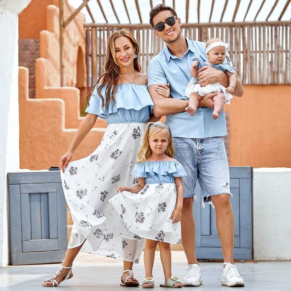 Family Matching Outfits Mommy and Me Dresses Floral Printed Men Boy Shirt Girl Romper