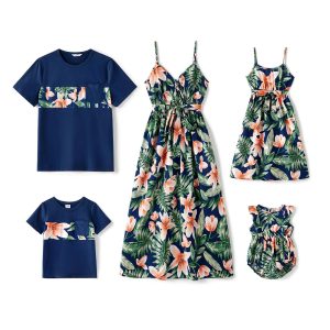 Family Matching Outfits Mommy and Me Dresses Hawaiian Tropical Vacation Beach Spaghetti Strap Dress and Shirt