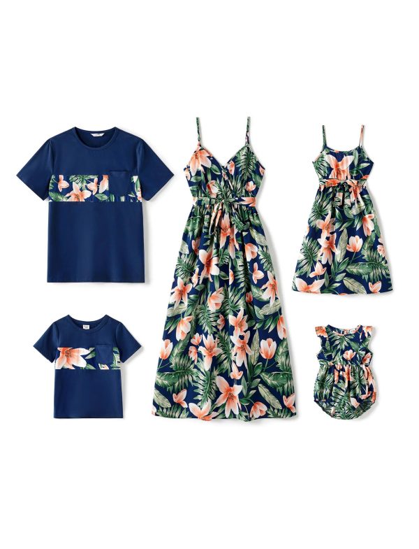 Family Matching Outfits Mommy and Me Dresses Hawaiian Tropical Vacation Beach Spaghetti Strap Dress and Shirt