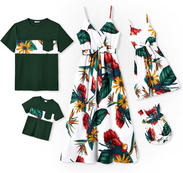 Family Matching Outfits Mommy and Me Dresses Hawaiian Tropical Vacation Beach Spaghetti Strap Dress and Shirt