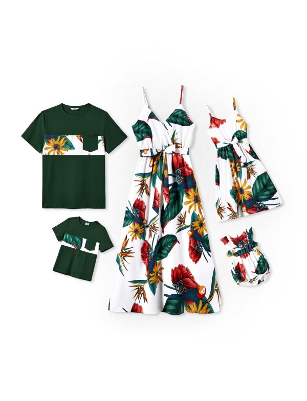 Family Matching Outfits Mommy and Me Dresses Hawaiian Tropical Vacation Beach Spaghetti Strap Dress and Shirt