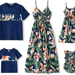 Family Matching Outfits Mommy and Me Dresses Hawaiian Tropical Vacation Beach Spaghetti Strap Dress and Shirt