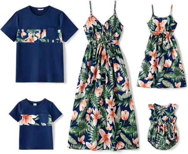 Family Matching Outfits Mommy and Me Dresses Hawaiian Tropical Vacation Beach Spaghetti Strap Dress and Shirt
