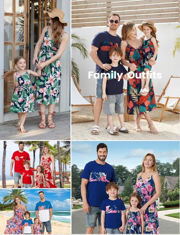 Family Matching Outfits Mommy and Me Dresses Hawaiian Tropical Vacation Beach Spaghetti Strap Dress and Shirt