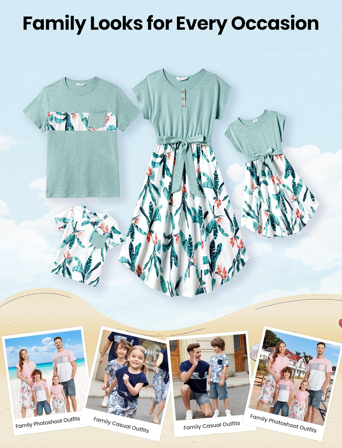 Family Matching Outfits Short Sleeve Belted Spliced Pattern Print Dresses and Casual T-Shirts Matching Sets Family Matching Outfits Short Sleeve Belted Spliced Pattern Print Dresses and Casual T-Shirts Matching Sets