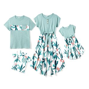 Family Matching Outfits Short Sleeve Belted Spliced Pattern Print Dresses and Casual T-Shirts Matching Sets