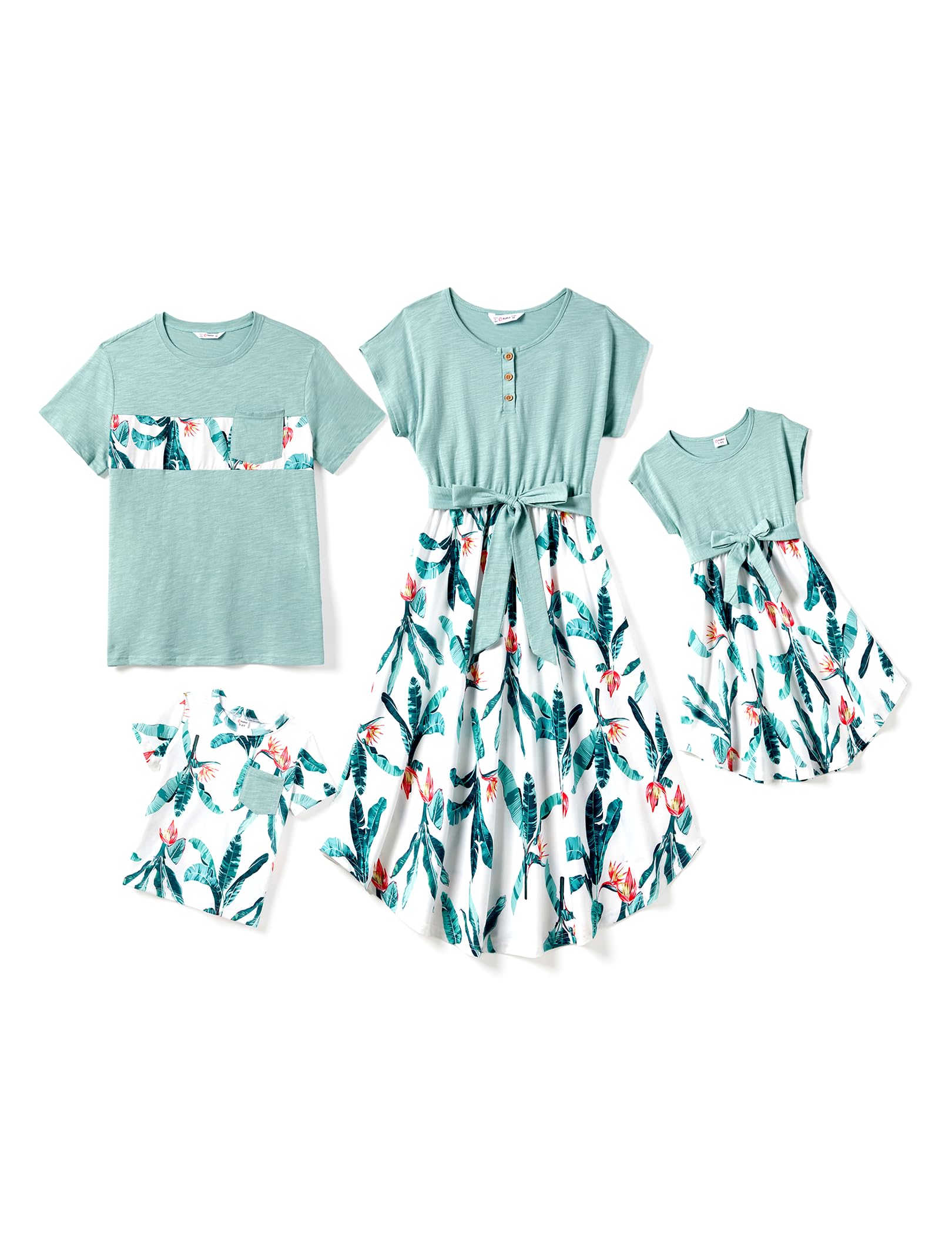 Family Matching Outfits Short Sleeve Belted Spliced Pattern Print Dresses and Casual T-Shirts Matching Sets Family Matching Outfits Short Sleeve Belted Spliced Pattern Print Dresses and Casual T-Shirts Matching Sets