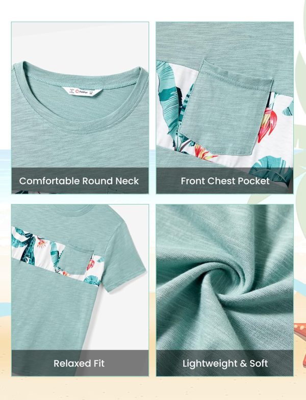 Family Matching Outfits Short Sleeve Belted Spliced Pattern Print Dresses and Casual T-Shirts Matching Sets