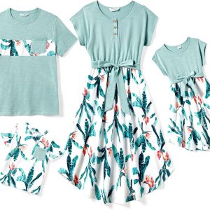Family Matching Outfits Short Sleeve Belted Spliced Pattern Print Dresses and Casual T-Shirts Matching Sets
