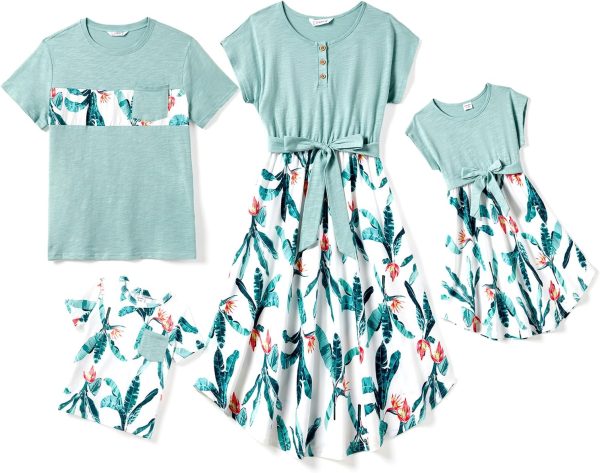 Family Matching Outfits Short Sleeve Belted Spliced Pattern Print Dresses and Casual T-Shirts Matching Sets