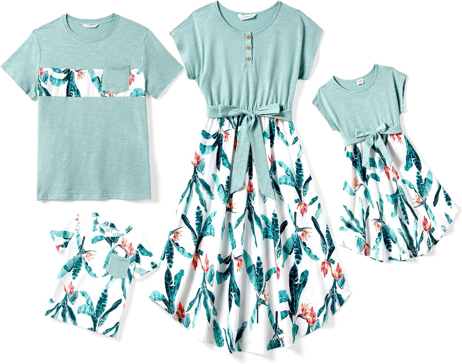 Family Matching Outfits Short Sleeve Belted Spliced Pattern Print Dresses and Casual T-Shirts Matching Sets Family Matching Outfits Short Sleeve Belted Spliced Pattern Print Dresses and Casual T-Shirts Matching Sets