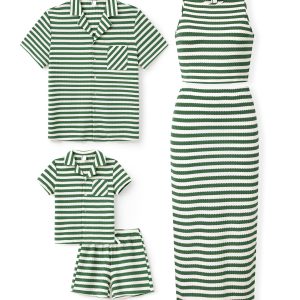 Family Matching Summer Outfits, Ribbed Knit Striped Women Skirt Set, Men Button Down Shirt and Kids Outfits