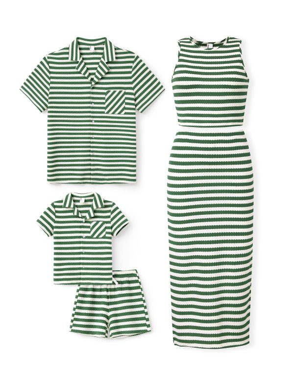 Family Matching Summer Outfits, Ribbed Knit Striped Women Skirt Set, Men Button Down Shirt and Kids Outfits