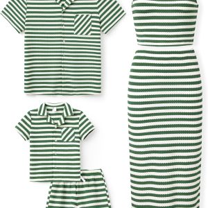 Family Matching Summer Outfits, Ribbed Knit Striped Women Skirt Set, Men Button Down Shirt and Kids Outfits