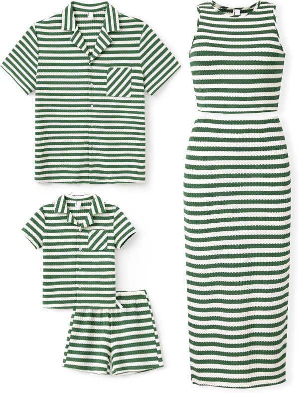 Family Matching Summer Outfits, Ribbed Knit Striped Women Skirt Set, Men Button Down Shirt and Kids Outfits