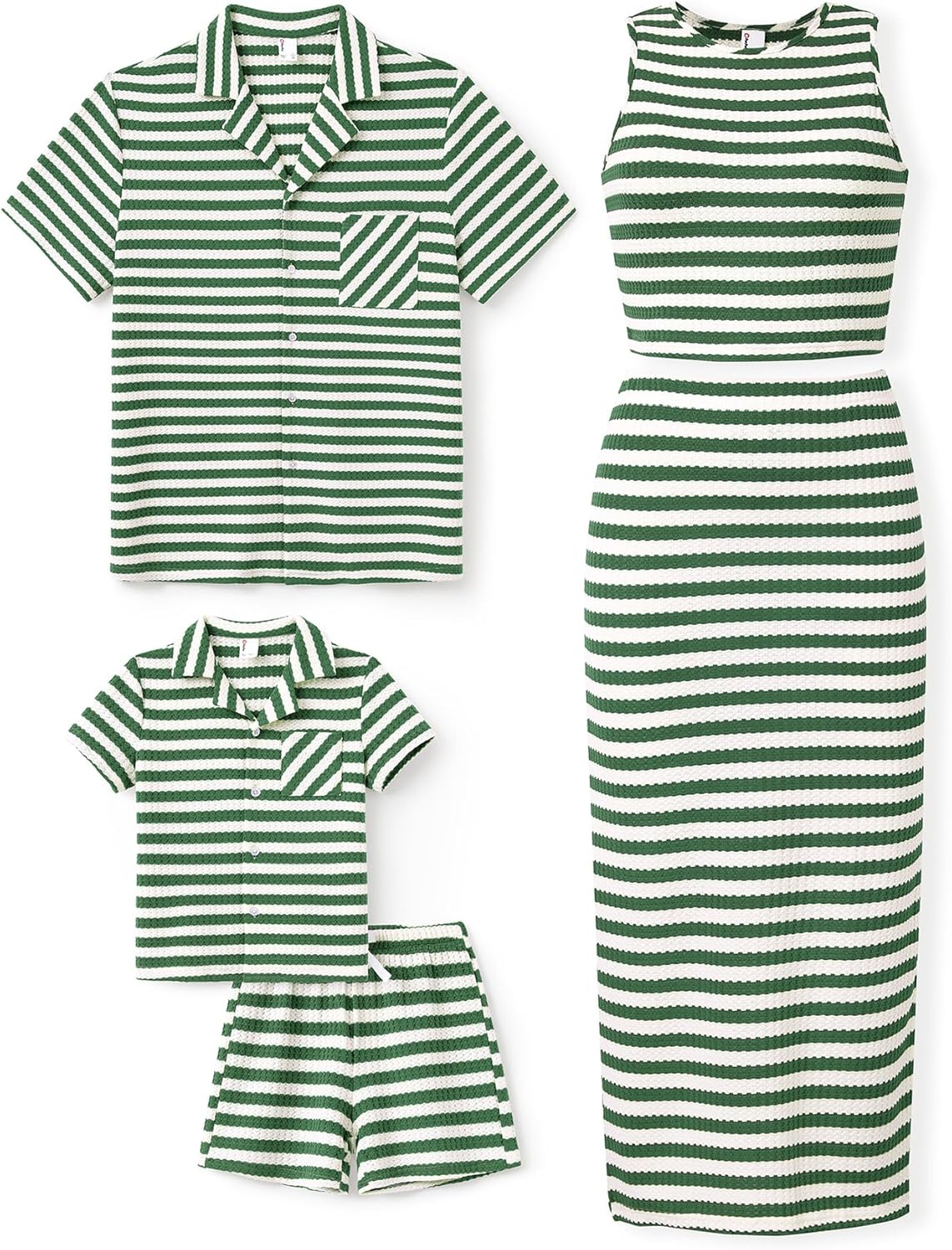 Family Matching Summer Outfits, Ribbed Knit Striped Women Skirt Set, Men Button Down Shirt and Kids Outfits Family Matching Summer Outfits, Ribbed Knit Striped Women Skirt Set, Men Button Down Shirt and Kids Outfits