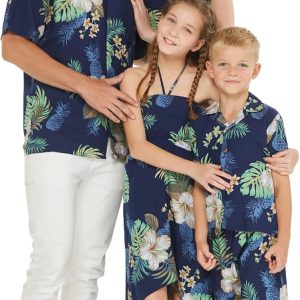 Matchable Family Hawaiian Luau Men Women Girl Boy Clothes in Pineapple Garden Navy