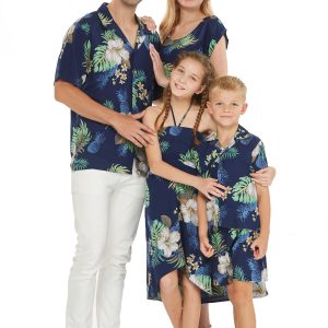 Matchable Family Hawaiian Luau Men Women Girl Boy Clothes in Pineapple Garden Navy