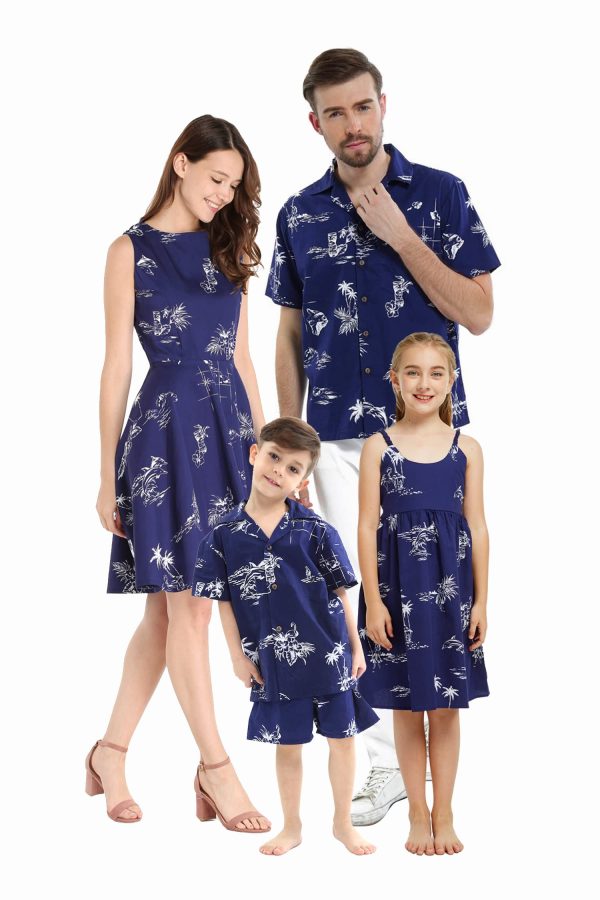 Matchable Family Hawaiian Luau Men Women Girl Boy Clothes in Classic Map Flamingo Navy