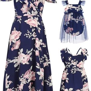 Mommy and Me Dresses Floral Print Cold Shoulder Ruffle Backless Strap Romper Beach Midi Dress Summer