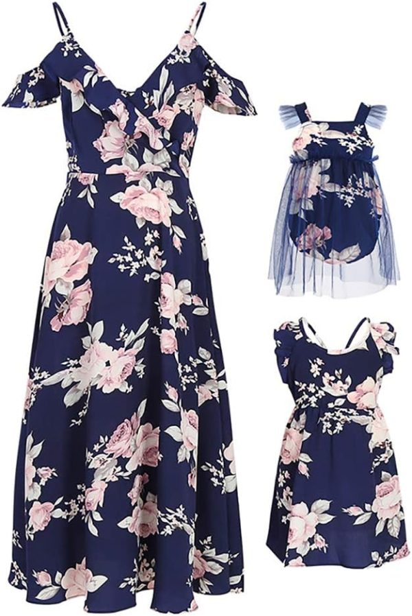 Mommy and Me Dresses Floral Print Cold Shoulder Ruffle Backless Strap Romper Beach Midi Dress Summer