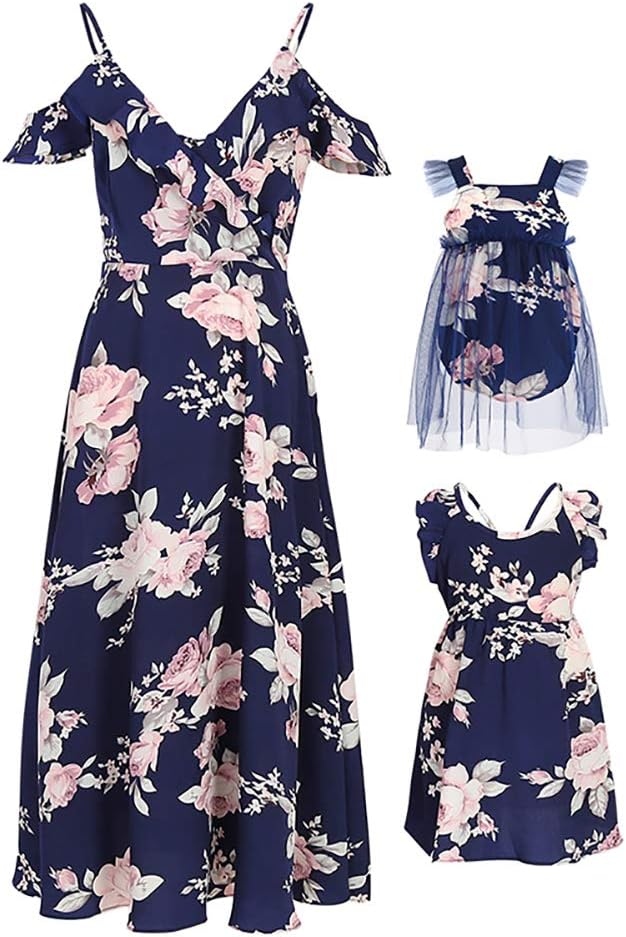Mommy and Me Dresses Floral Print Cold Shoulder Ruffle Backless Strap Romper Beach Midi Dress Summer Mommy and Me Dresses Floral Print Cold Shoulder Ruffle Backless Strap Romper Beach Midi Dress Summer