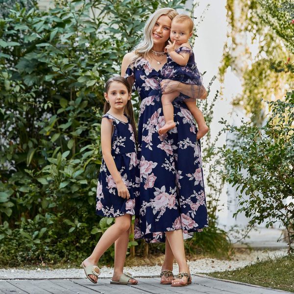 Mommy and Me Dresses Floral Print Cold Shoulder Ruffle Backless Strap Romper Beach Midi Dress Summer
