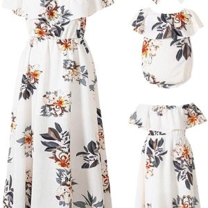 Mommy and Me Dresses Floral Printed Chiffon Bowknot Ruffles Short Sleeve Beach Mom Daughter Matching Outfits