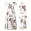 Mommy and Me Dresses Floral Printed Chiffon Bowknot Ruffles Short Sleeve Beach Mom Daughter Matching Outfits
