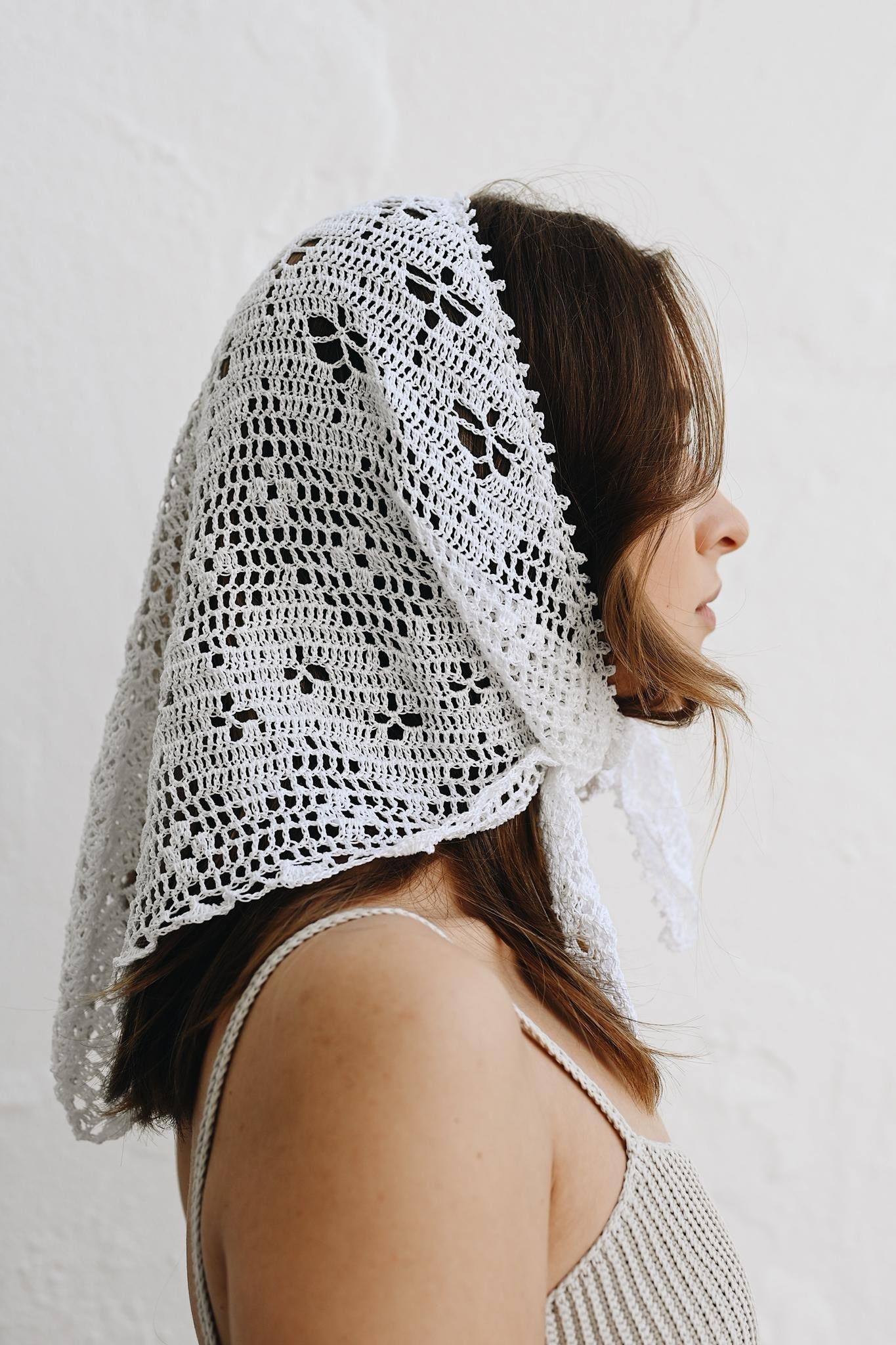 Hand-crocheted Cotton Lace Headwrap: Milky White Triangle Scarf