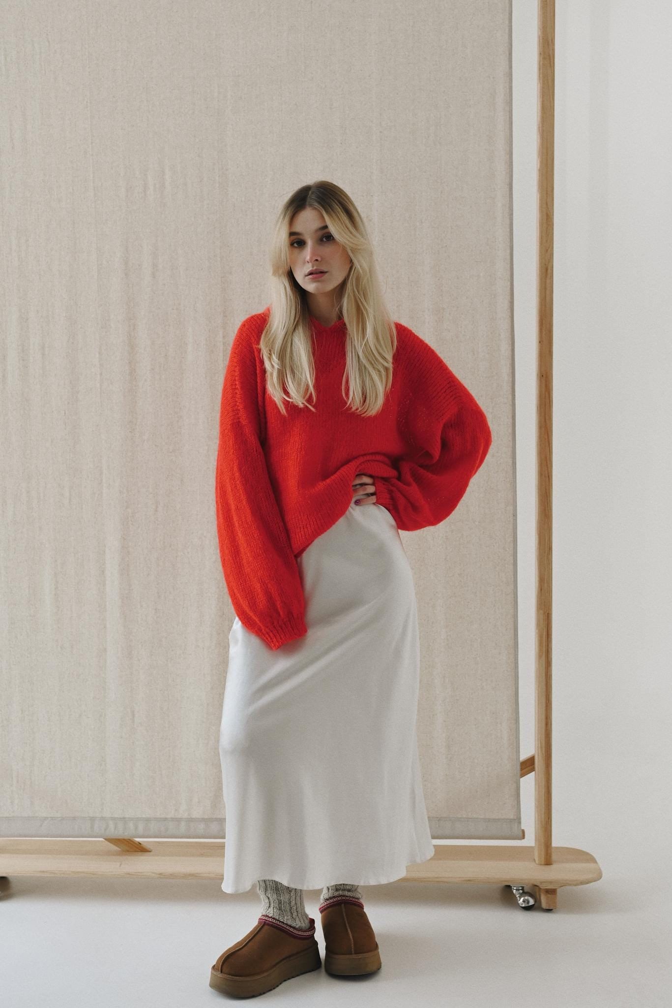 Red Mohair Hoodie: Hand-knitted Oversized Wool Sweater