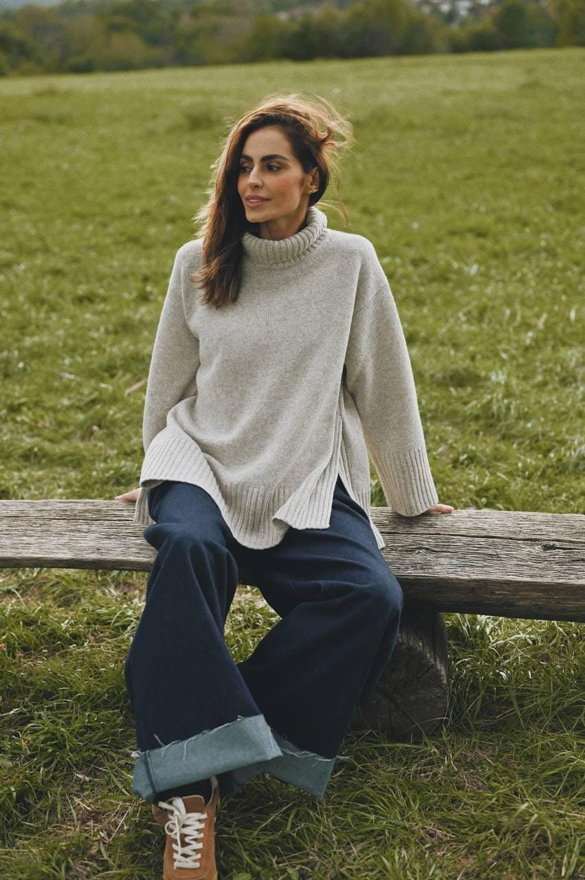 Oversized Turtleneck Sweater Gray & Beige Wool Blend