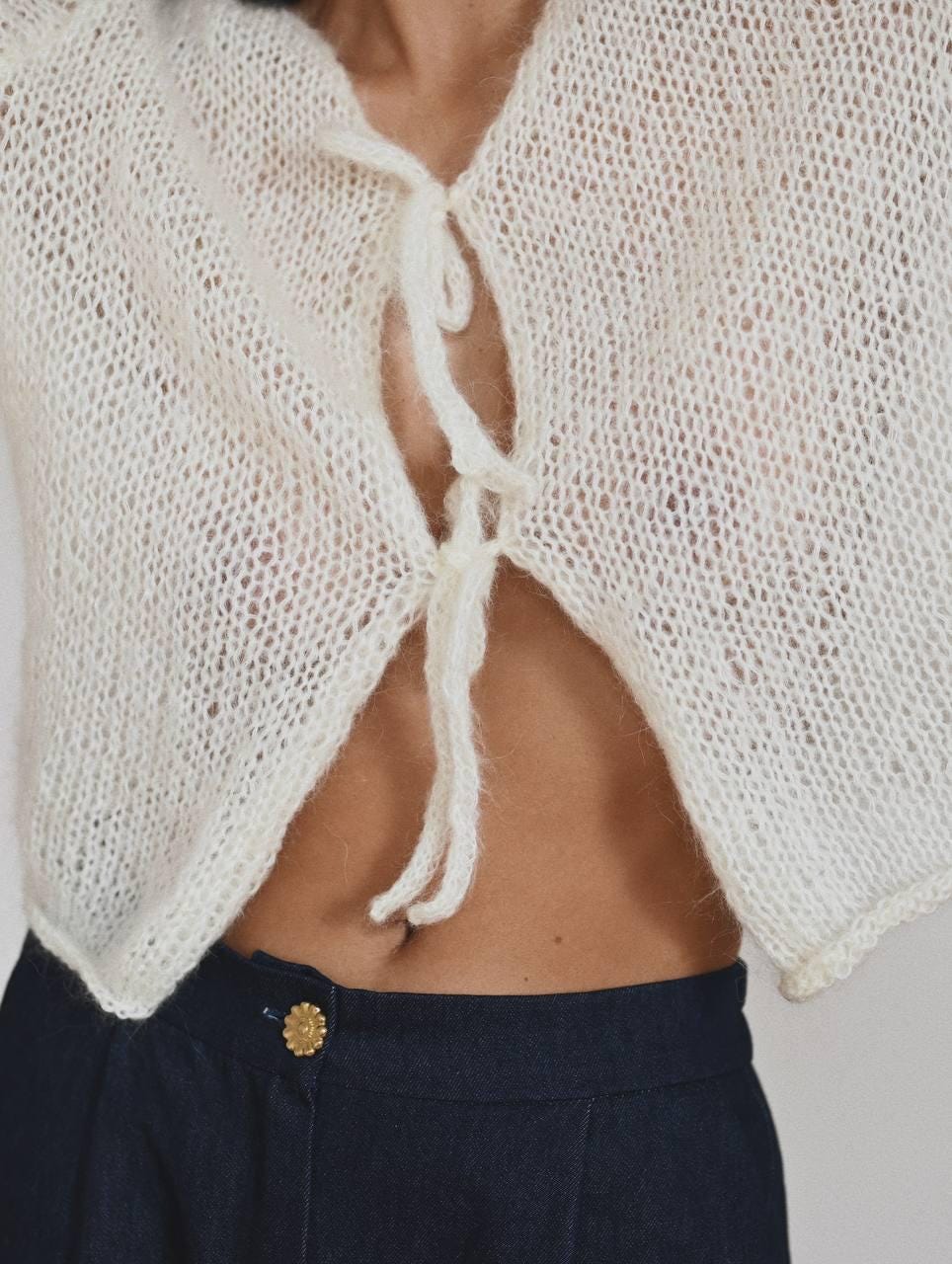 Handmade White Mohair Knit Cardigan: Cozy Lightweight Sweater