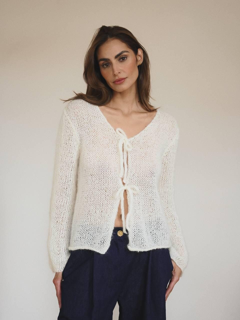 Handmade White Mohair Knit Cardigan: Cozy Lightweight Sweater