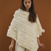 Handcrafted Cream Cable Knit Poncho With Tassels, White Woman Gift Cape Sweater