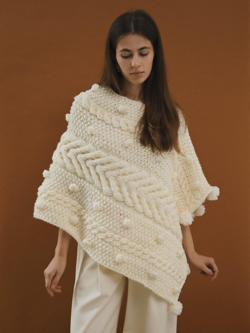 Handcrafted Cream Cable Knit Poncho With Tassels, White Woman Gift Cape Sweater
