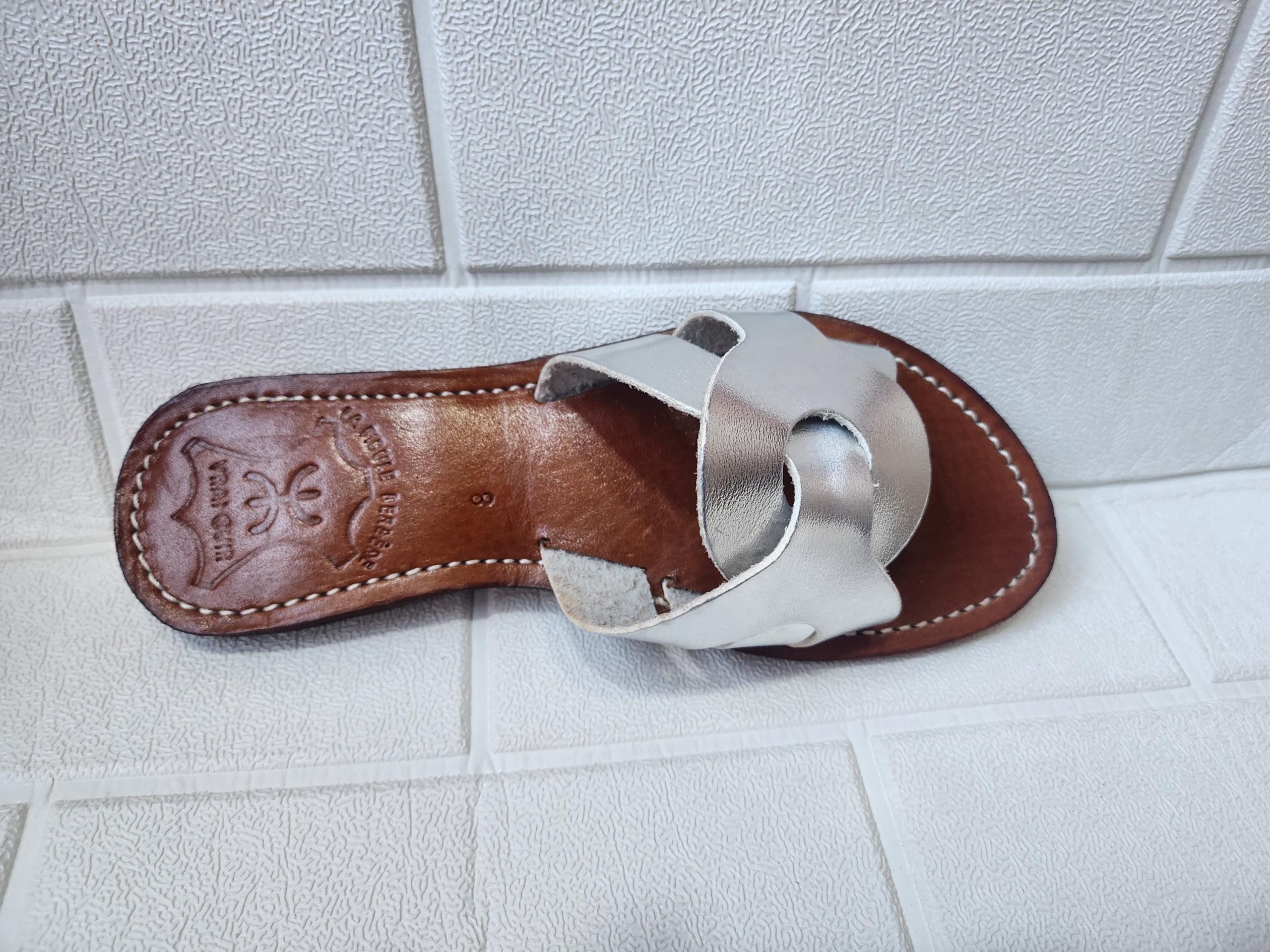 Handmade Moroccan Silver-tone Leather Sandals For Women – Hstyle Slip On Flats – Brown Sole Summer Slides – Boho Leather Slippers